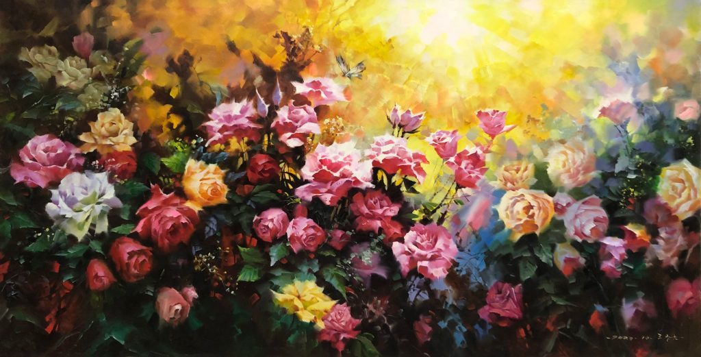 Blooming Radiance floral oil painting by a Chosun artist shines with vibrant colors. Discover this masterpiece and its expressive beauty.